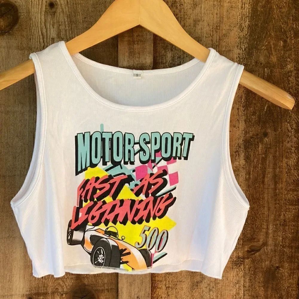 Remidoo Motor Sport Fast as Lightening 500 Raw Hem Edge Sleeveless Crop Top